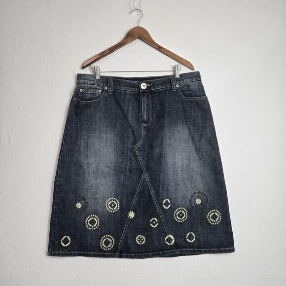 Avenue Jeans Denim Skirt 16 Blue Zip Front Pockets Painted Design Boho Cowgirl - Picture 1 of 13